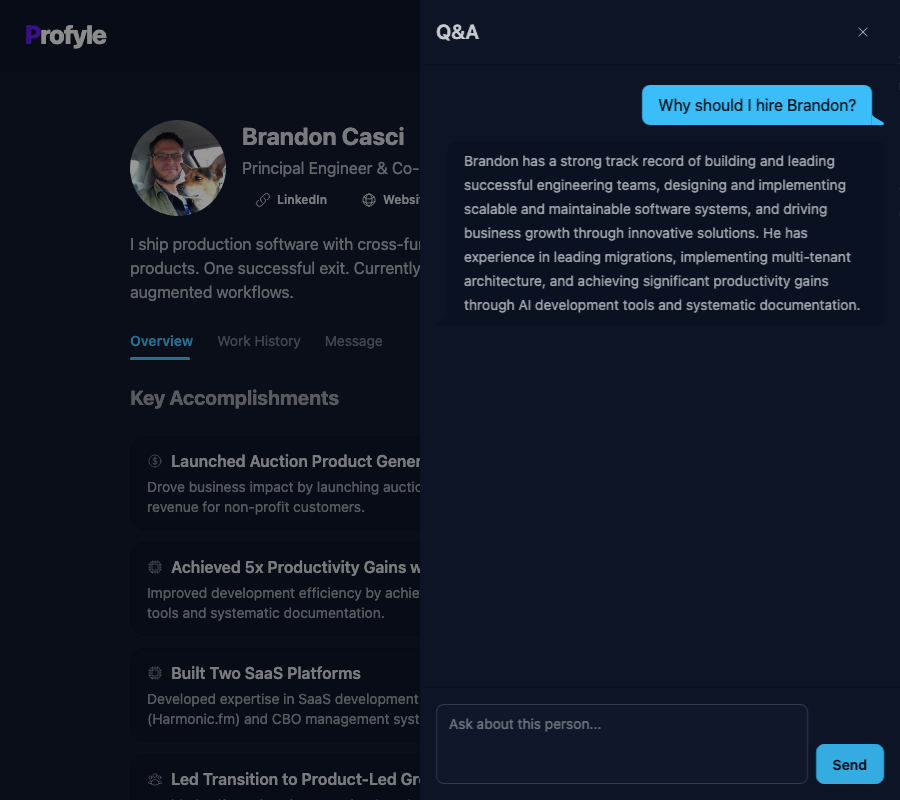 Profyle in-depth conversation answering questions about professional background