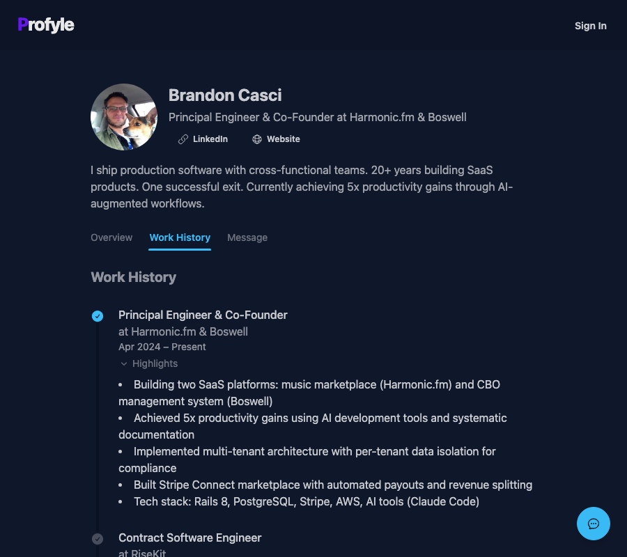 Profyle work history timeline showing career progression