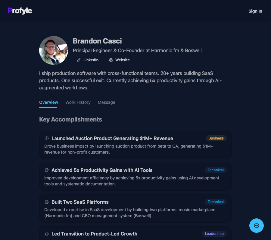 Profyle profile overview showing professional summary and skills